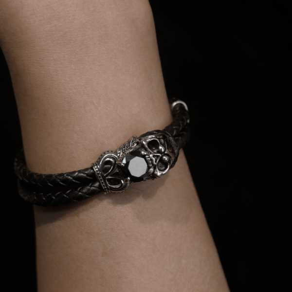 Black Skull Leather Bracelet - Image 4