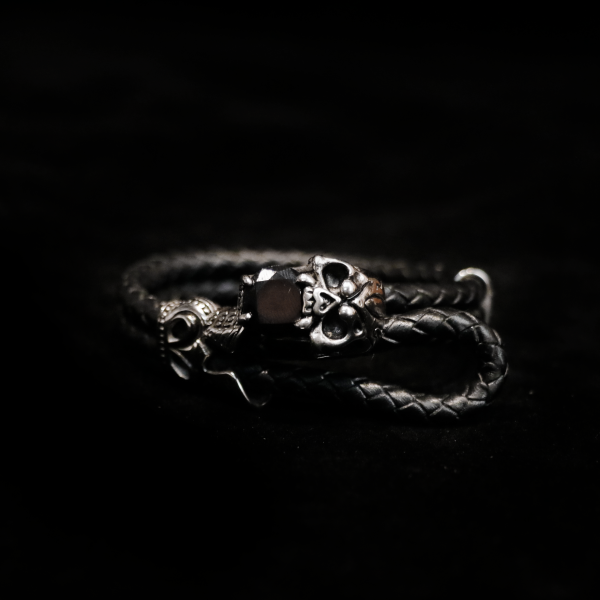 Black Skull Leather Bracelet - Image 2